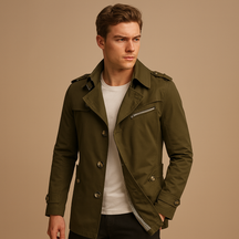 Men’s waterproof trench coat with classic double-breasted design, offering protection against rain and wind for formal and casual wear.