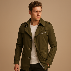 Men’s waterproof trench coat with classic double-breasted design, offering protection against rain and wind for formal and casual wear.