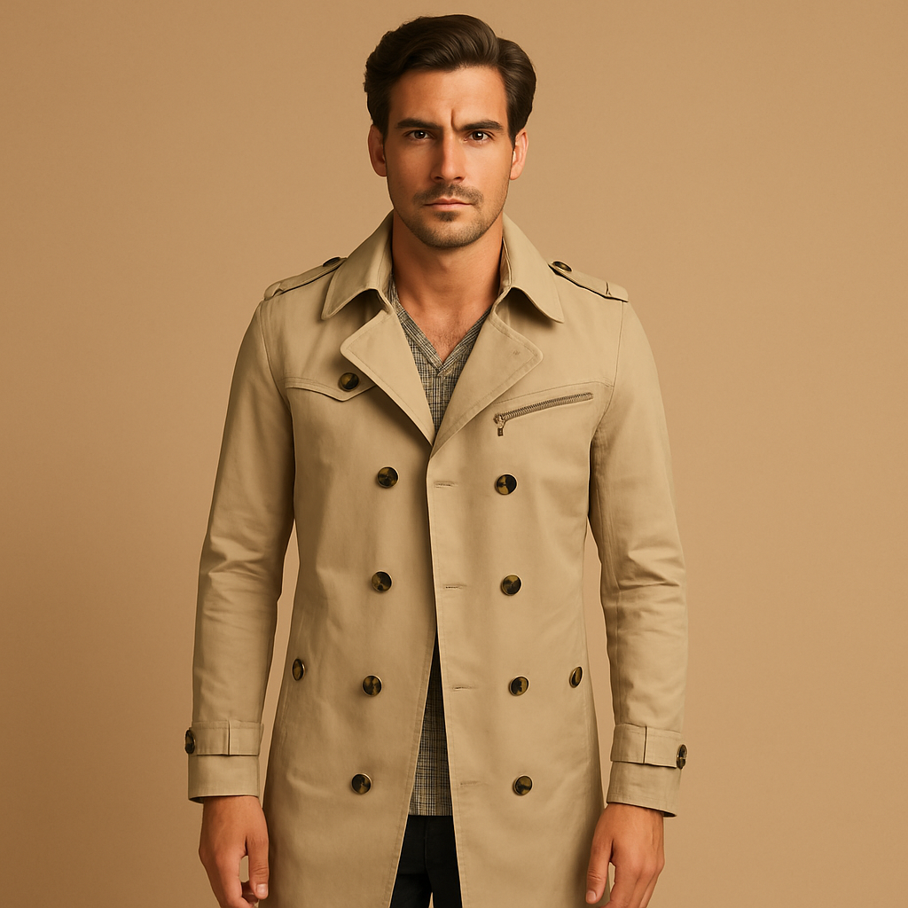 Men’s waterproof trench coat with classic double-breasted design, offering protection against rain and wind for formal and casual wear.
