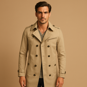 Men’s waterproof trench coat with classic double-breasted design, offering protection against rain and wind for formal and casual wear.
