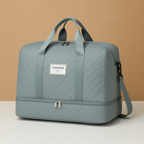 Weekender duffle bag for women with separate shoe compartment, TSA-compliant carry-on design, and water-resistant finish for stylish and organised travel.