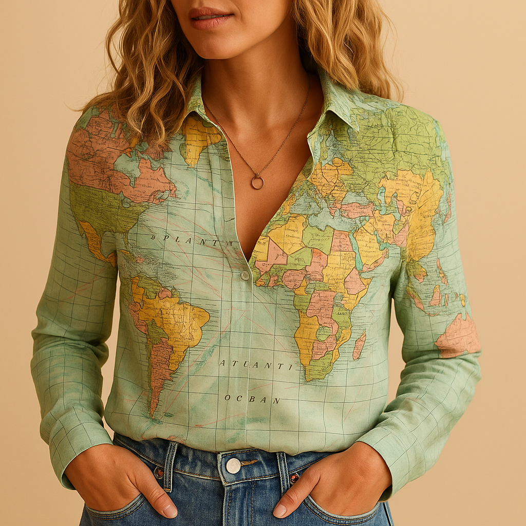 Green world map print blouse for women with half-button closure and lightweight comfortable design, perfect for travel or office wear.