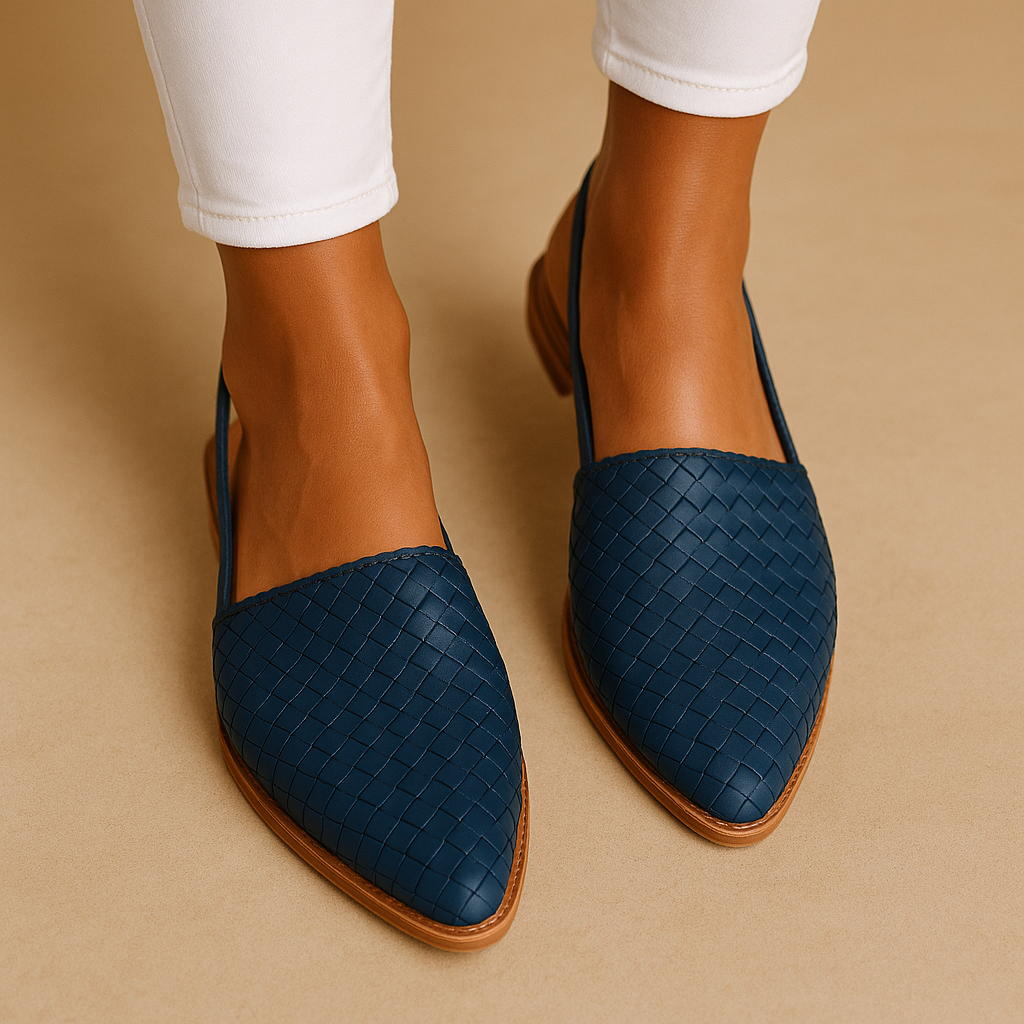 Harper elegant woven closed-toe flats in black, beige, and cream, designed for breathable comfort and timeless everyday style.