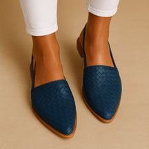 Harper elegant woven closed-toe flats in black, beige, and cream, designed for breathable comfort and timeless everyday style.