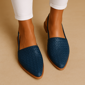 Harper elegant woven closed-toe flats in black, beige, and cream, designed for breathable comfort and timeless everyday style.