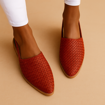 Harper elegant woven closed-toe flats in black, beige, and cream, designed for breathable comfort and timeless everyday style.