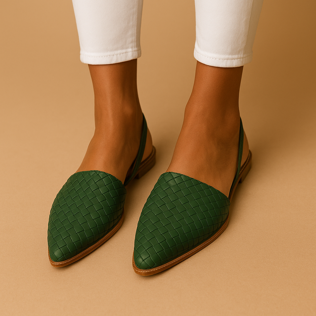 Harper elegant woven closed-toe flats in black, beige, and cream, designed for breathable comfort and timeless everyday style.