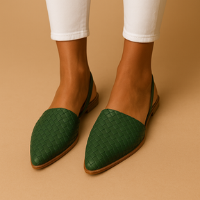 Harper elegant woven closed-toe flats in black, beige, and cream, designed for breathable comfort and timeless everyday style.