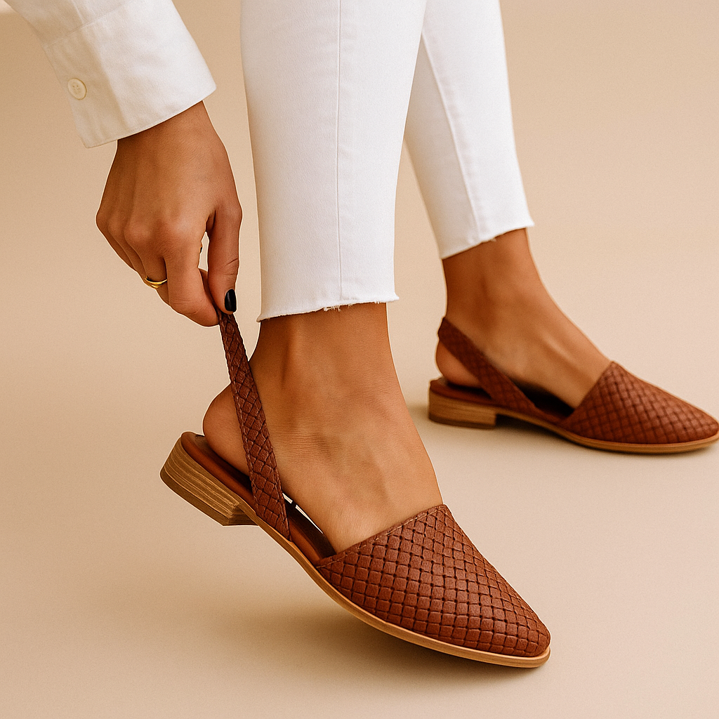 Harper elegant woven closed-toe flats in black, beige, and cream, designed for breathable comfort and timeless everyday style.