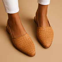 Harper elegant woven closed-toe flats in black, beige, and cream, designed for breathable comfort and timeless everyday style.