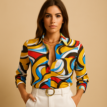 Stylish women’s blouse with wrap neckline and bold print, available in multiple colors for office or evening wear.