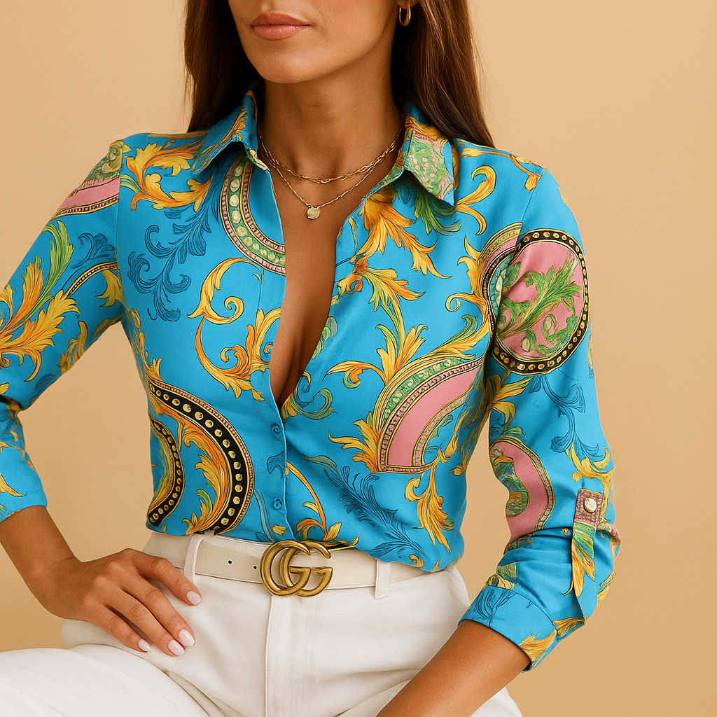 Stylish women’s blouse with wrap neckline and bold print, available in multiple colors for office or evening wear.