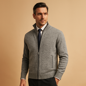 Versatile men’s zipped cardigan with modern design, warm and comfortable for autumn, winter, work, leisure, and casual wear.
