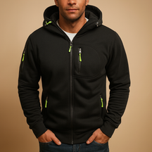 Men’s zipped hoodie with adjustable hood, available in black, blue, grey, green, and white. Perfect for autumn, winter, and casual wear.