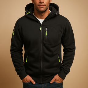 Men’s zipped hoodie with adjustable hood, available in black, blue, grey, green, and white. Perfect for autumn, winter, and casual wear.