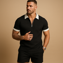 Men’s summer set with zippered T-shirt and matching shorts, breathable and stylish, perfect for beach, casual wear, and hot weather comfort