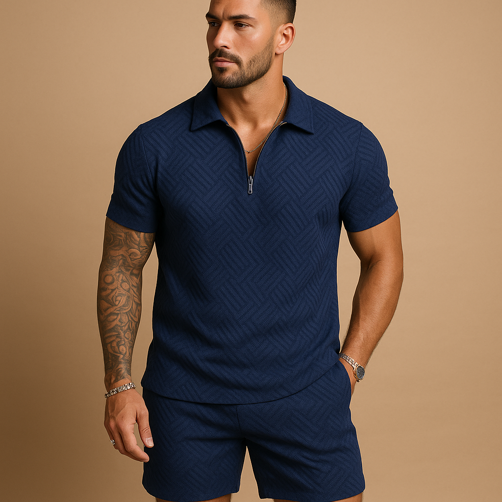 Men’s summer set with zippered T-shirt and matching shorts, breathable and stylish, perfect for beach, casual wear, and hot weather comfort