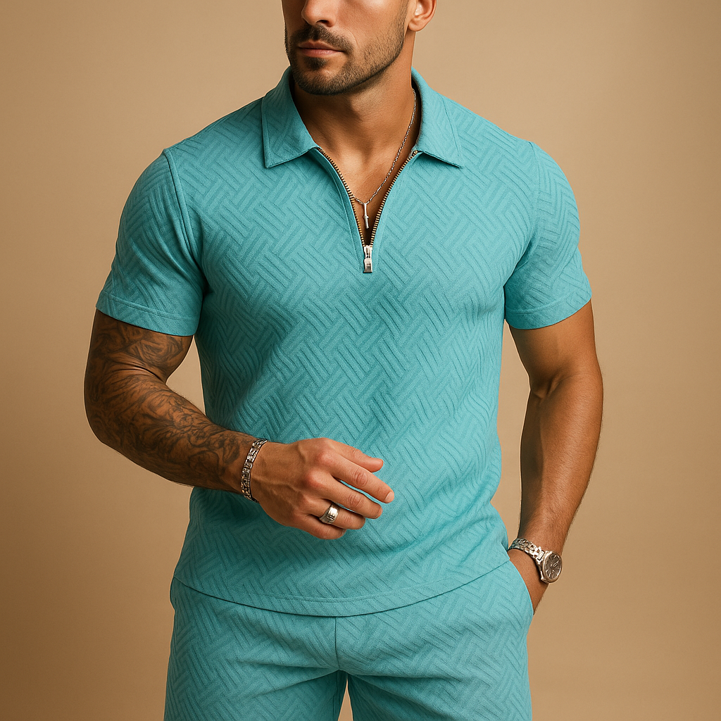 Men’s summer set with zippered T-shirt and matching shorts, breathable and stylish, perfect for beach, casual wear, and hot weather comfort